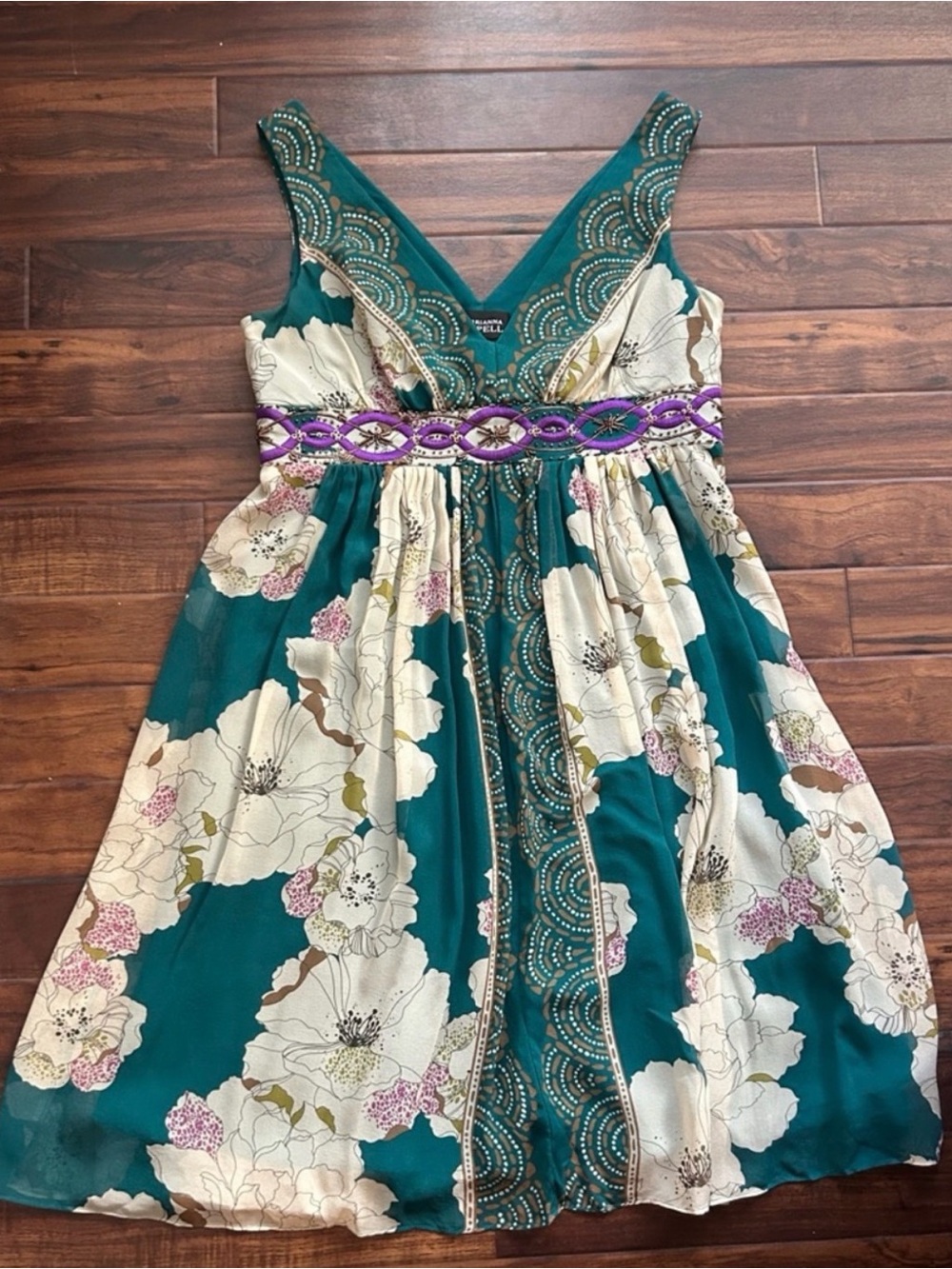 Adrianna Papell Teal Floral V-Neck Dress with Purple Embellished Waist